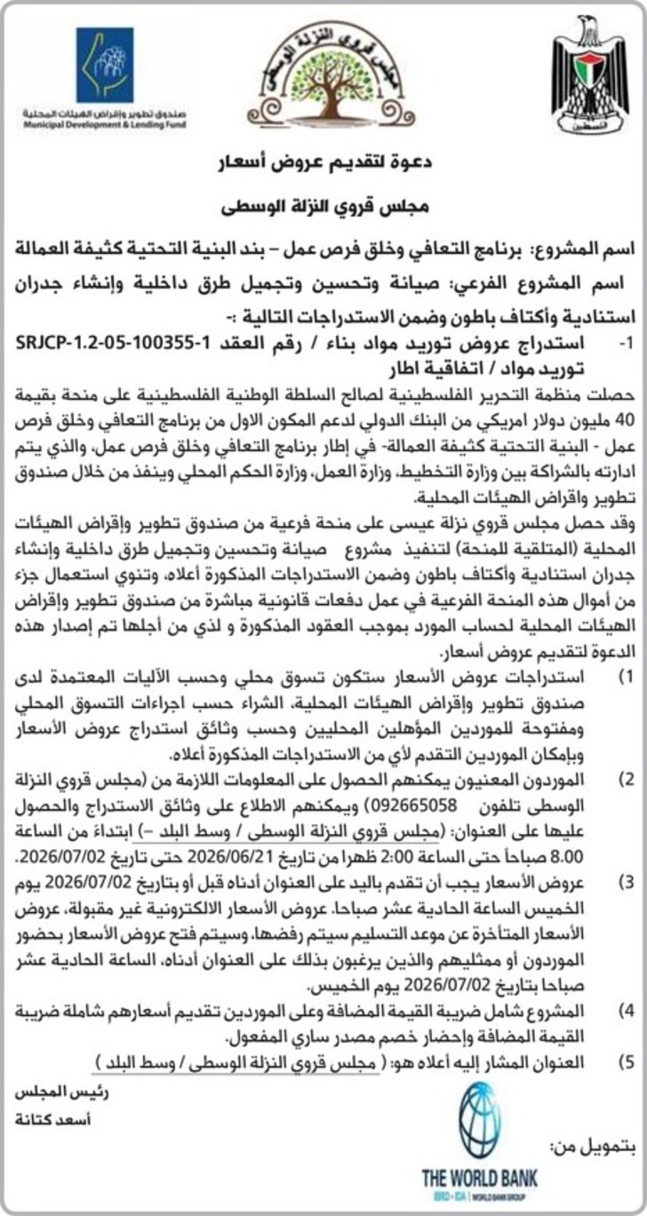 صيانة وتحسين وتجميل طرق داخلية وإنشاء جدران استنادية وأكتاف باطون 