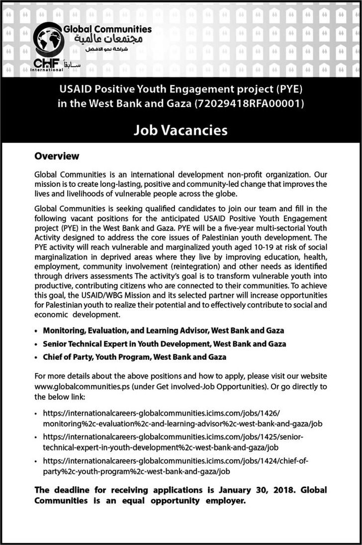 Monitoring, Evaluation and learning advisor, west bank and gaza
