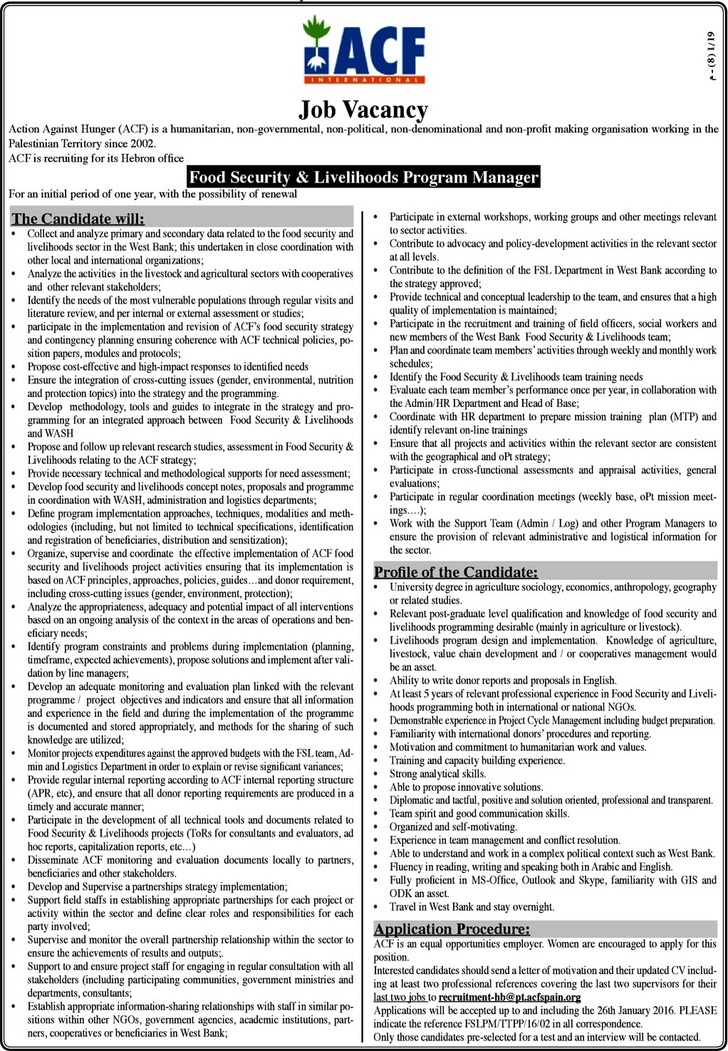 Food Security and Livelihoods program Manager