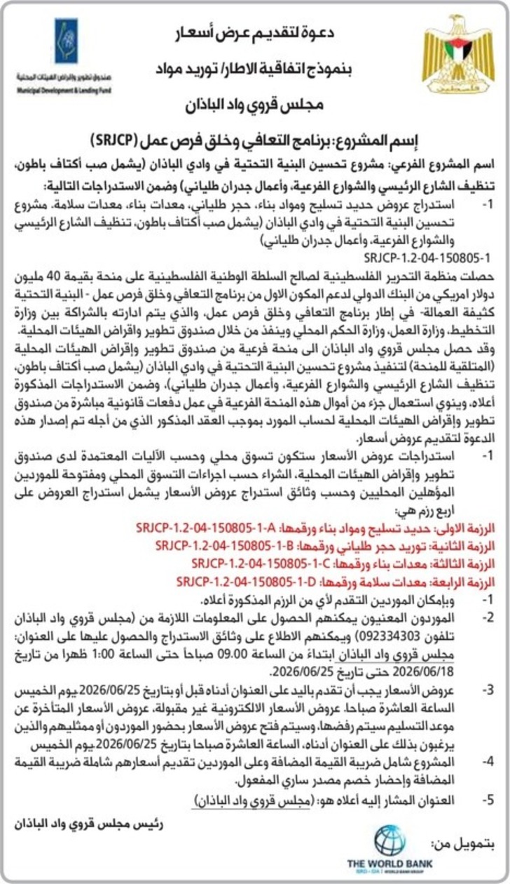 مشروع تحسين البنية التحتية في وادي الباذان ( يشمل صب أكتاف باطون ، تنظيف الشارع الرئيسي والشوارع الفرعية ، وأعمال جدران طلياني) مشروع تحسين البنية التحتية في وادي الباذان ( يشمل صب أكتاف باطون ، تنظيف الشارع الرئيسي والشوارع الفرعية ، وأعمال جدران طلياني)