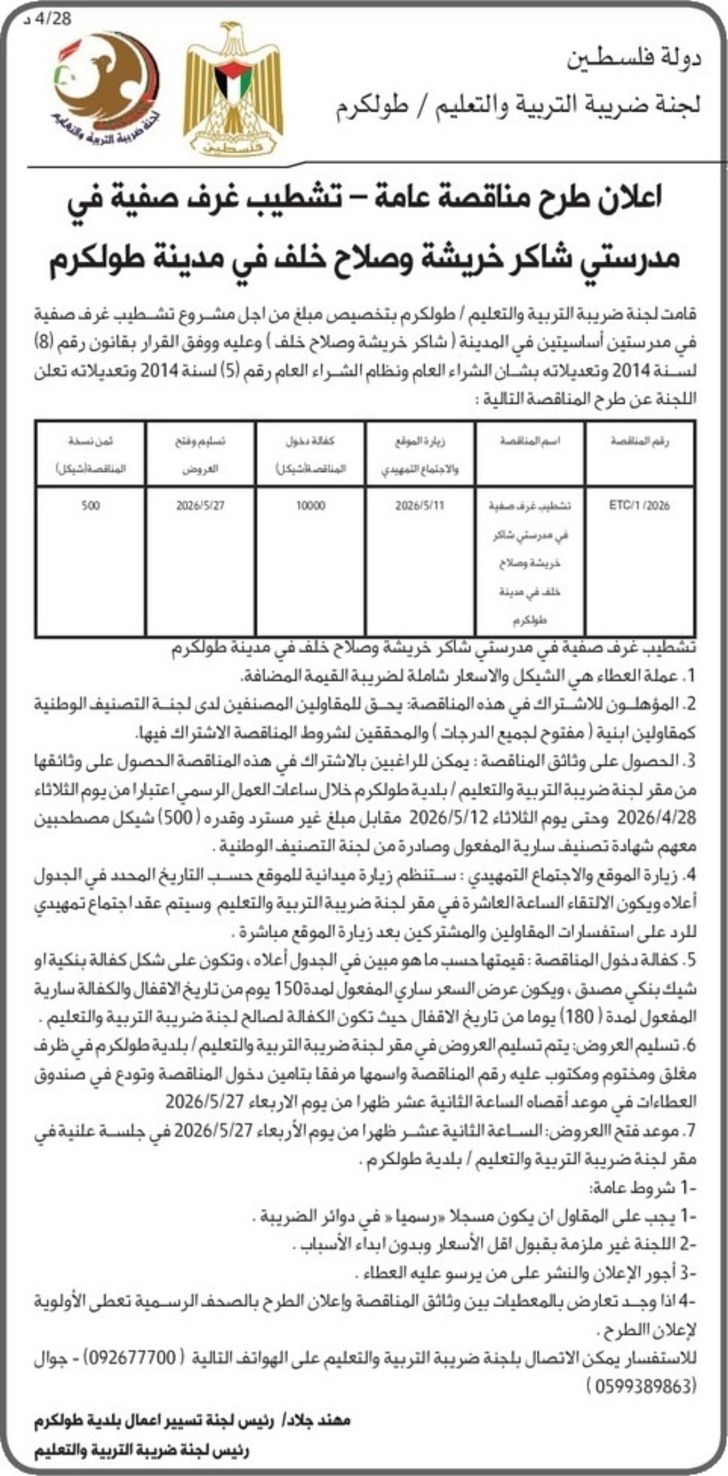  تشطيب غرف صفية في مدرستي شاكر خريشة وصلاح خلف في مدينة طولكرم