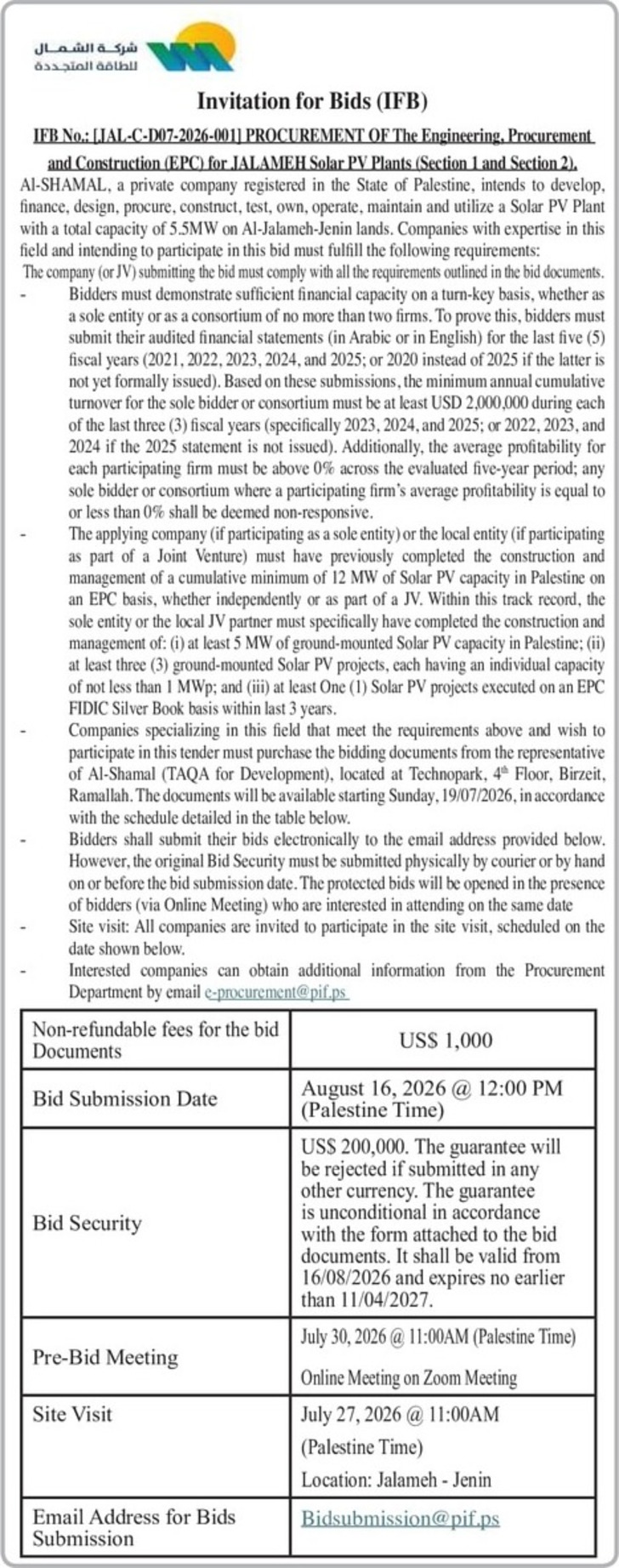 PROCUREMENT OF The Engineering , Procurement and Construction ( EPC ) for JALAMEH Solar PV Plants PROCUREMENT OF The Engineering , Procurement and Construction ( EPC ) for JALAMEH Solar PV Plants