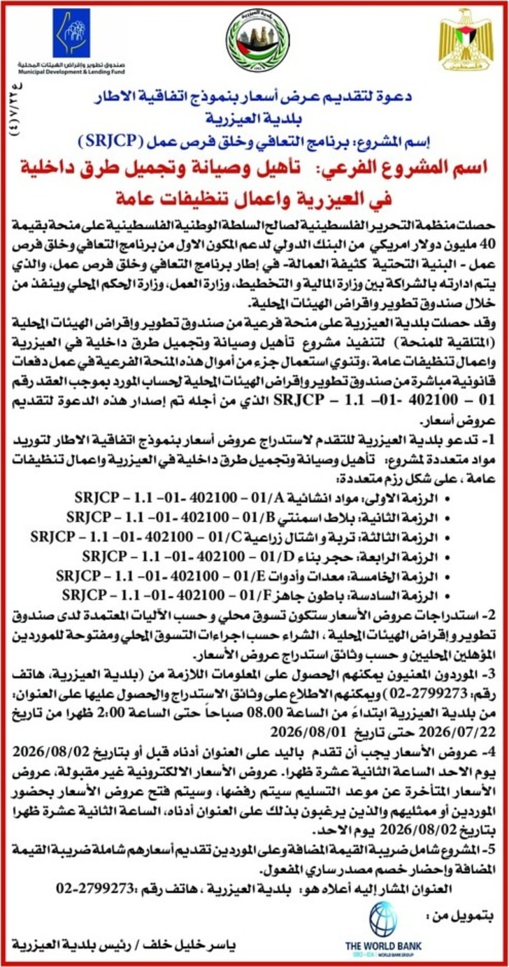 تأهيل وصيانة وتجميل طرق داخلية في العيزرية واعمال تنظيفات عامة