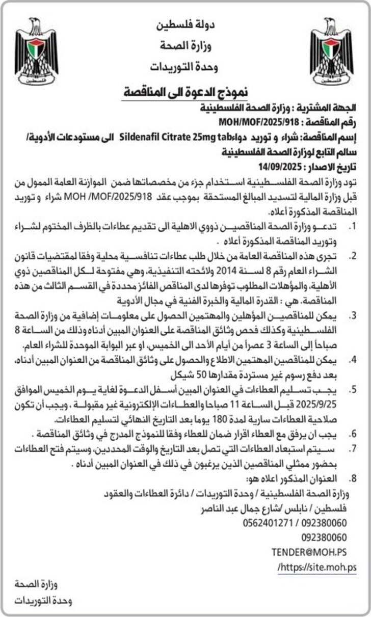  شراء وتوريد دوا Sildenafil Citrate 25mg tab الى مستودعات الأدوية