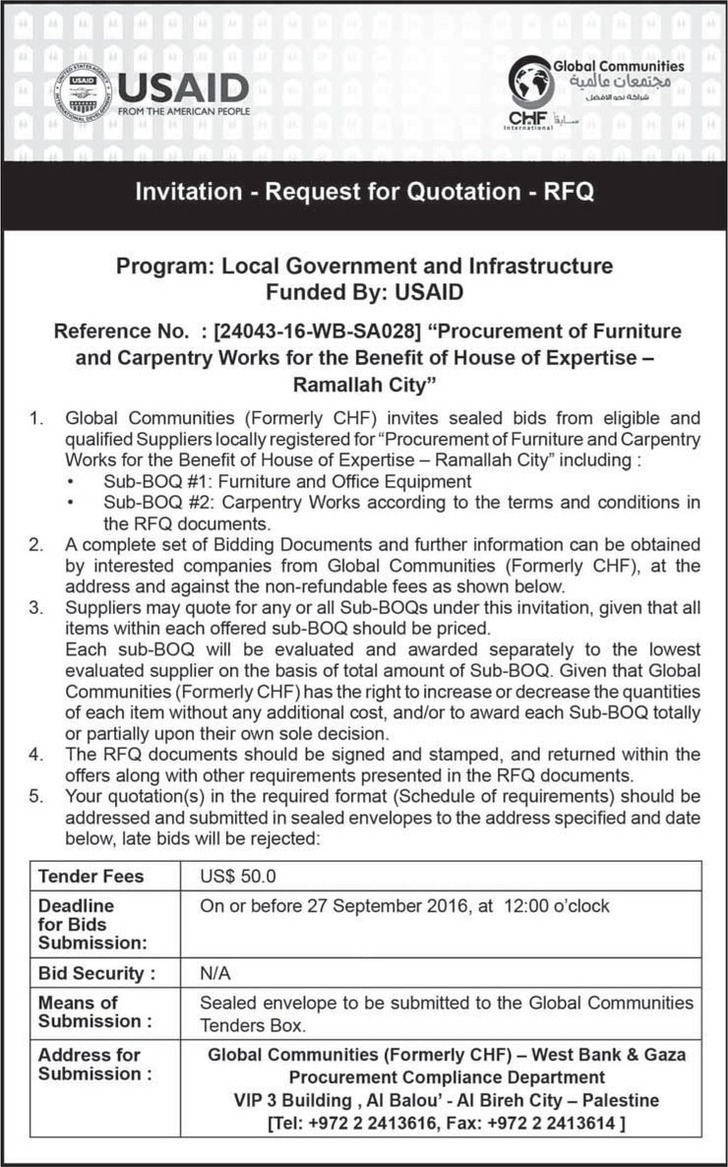 procurement of furniture and carpentry works for benefit 