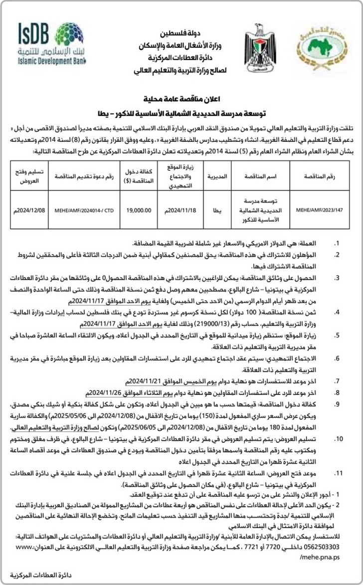 توسعة مدرسة الحديدية الشمالية الأساسية للذكور - يطا