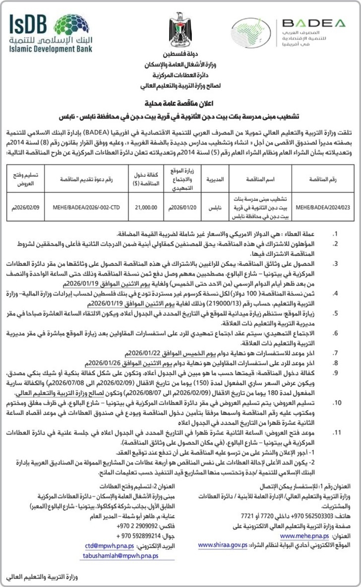 تشطيب مبنى مدرسة بنات بيت دجن الثانوية في قرية بيت دجن في محافظة نابلس