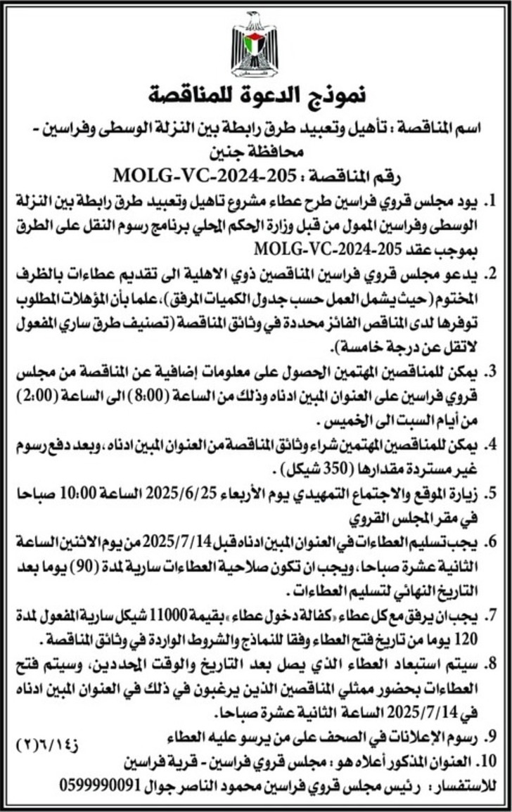 تأهيل وتعبيد طرق رابطة بين النزلة الوسطى وفراسين 