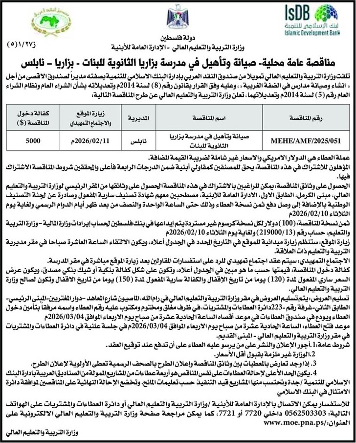 صيانة وتأهيل في مدرسة بزاريا الثانوية للبنات - بزاريا - نابلس