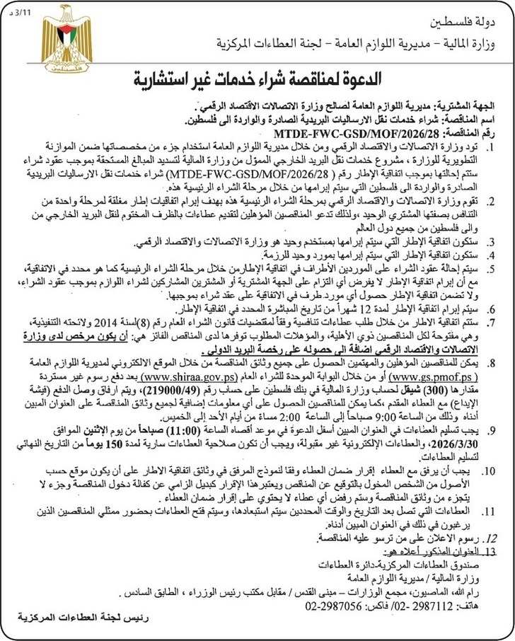 شــراء خدمات نقل الإرساليات البريدية الصـادرة والواردة الى فلسطين .