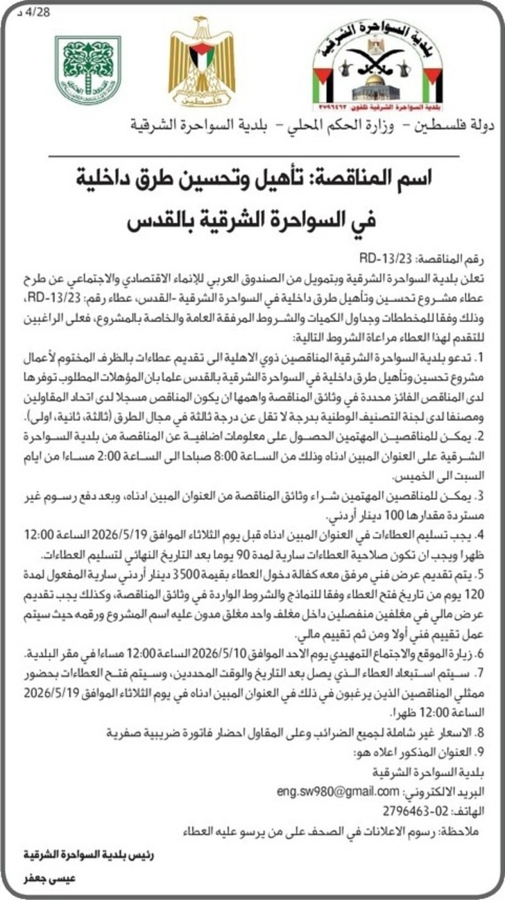 تأهيل وتحسين طرق داخلية في السواحرة الشرقية بالقدس تأهيل وتحسين طرق داخلية في السواحرة الشرقية بالقدس