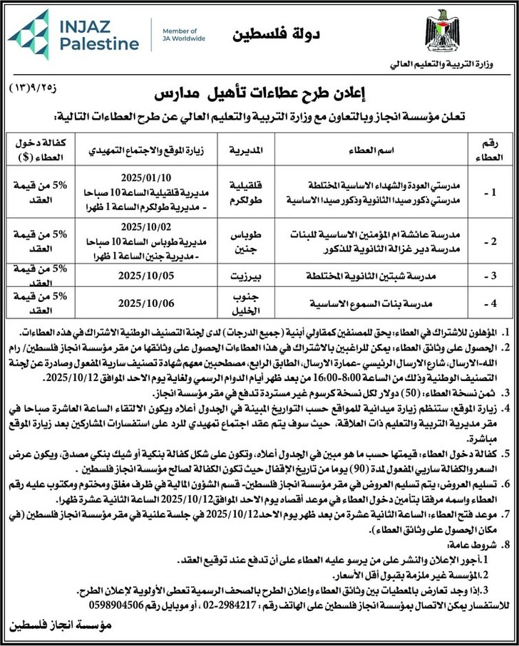 إعلان طرح عطاءات تأهيل مدارس إعلان طرح عطاءات تأهيل مدارس