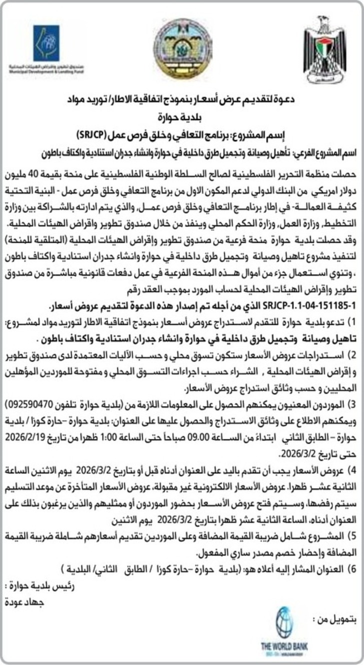 تأهيل وصيانة وتجميل طرق داخلية في حوارة وانشاء جدران استنادية واكتاف باطون تأهيل وصيانة وتجميل طرق داخلية في حوارة وانشاء جدران استنادية واكتاف باطون