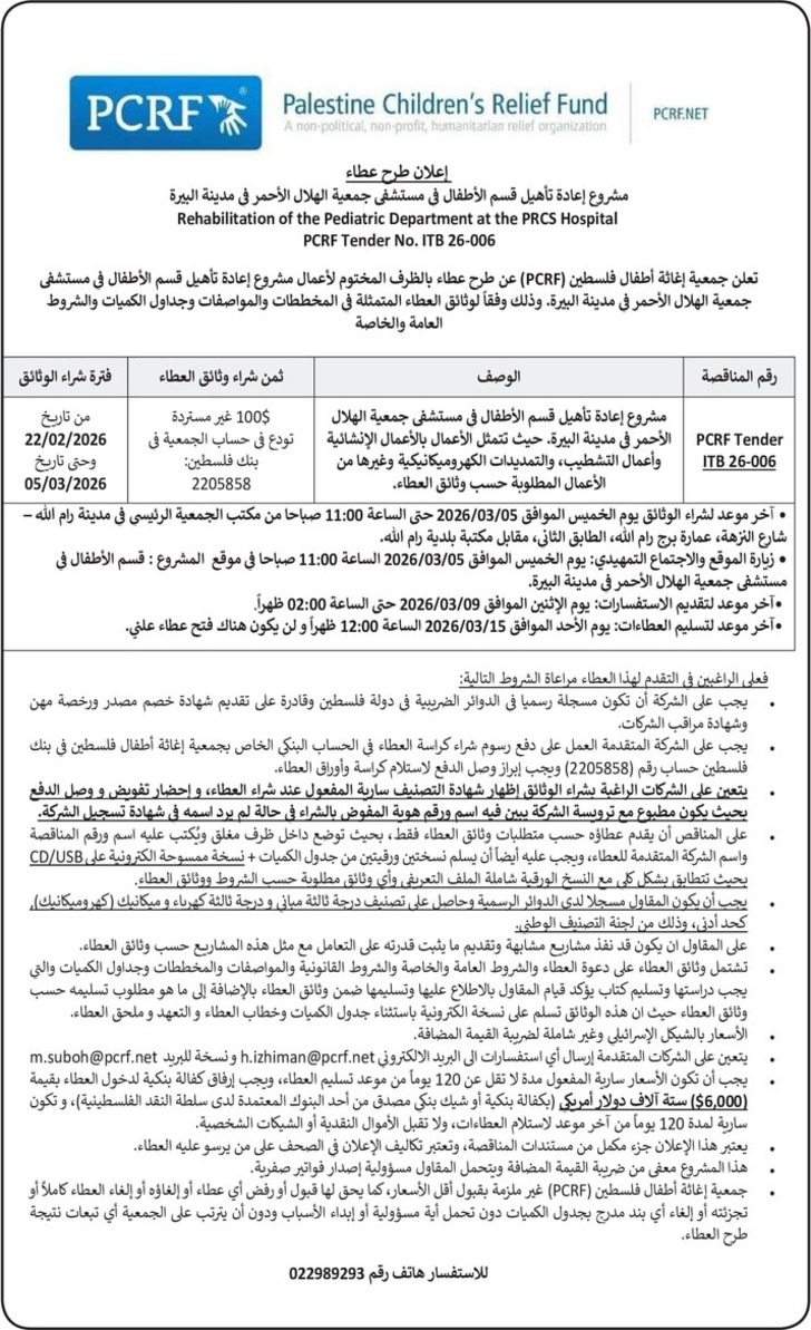 مشروع إعادة تأهيل قسم الأطفال في مستشفى جمعية الهلال الأحمر في مدينة البيرة