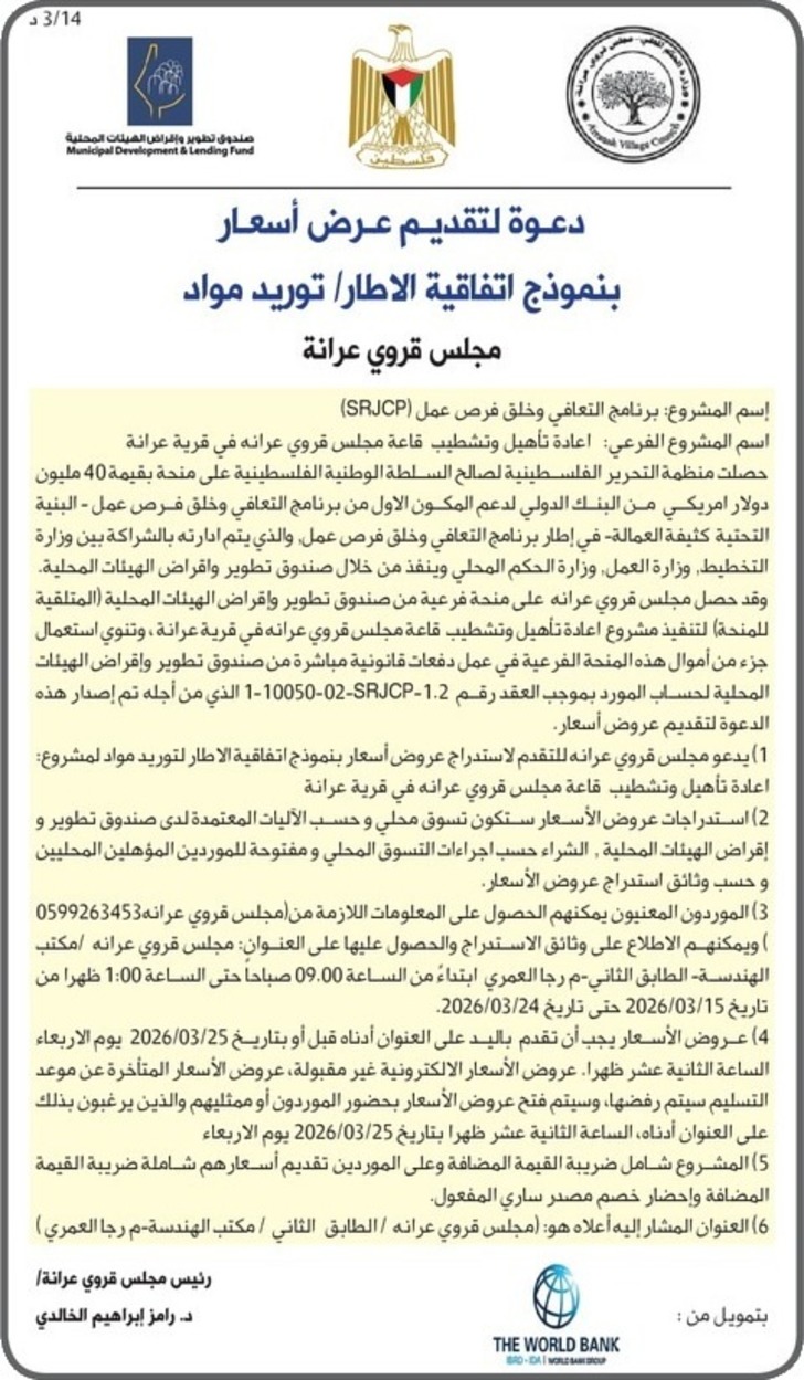  اعادة تأهيل وتشطيب قاعة مجلس قروي عرانه